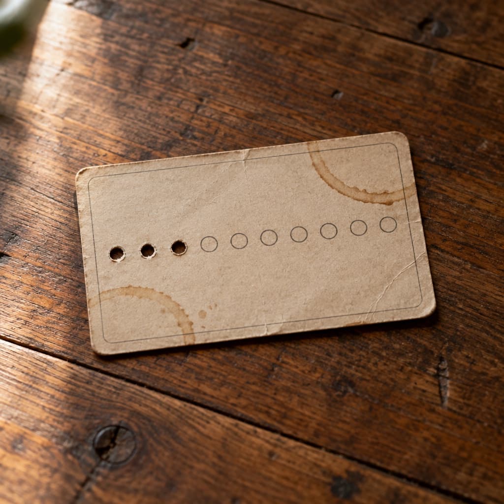 Une ancienne carte de fidélité en papier, usée et abandonnée après quelques tampons.